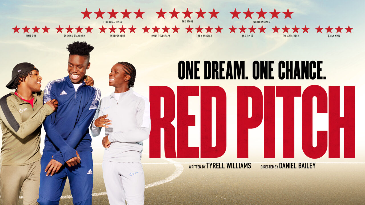 Red Pitch logo with 'One dream. One chance' tagline. Three boys laughing.