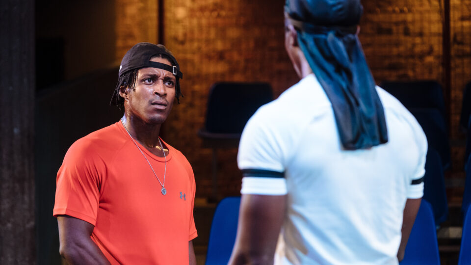 Francis Lovehall (Omz) and Kedar Williams-Stirling (Bilal) in Red Pitch at Bush Theatre. Photo credit Helen Murray