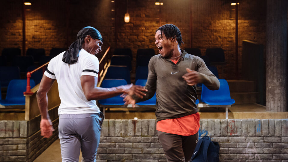Kedar Williams-Stirling (Bilal) and Francis Lovehall (Omz) in Red Pitch at Bush Theatre. Photo credit Helen Murray