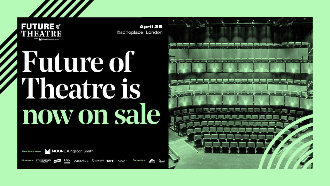 Future of Theatre Awards is now on sale. To the left of main text is a green image of the theatre auditorium